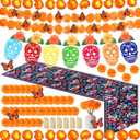54 Pcs Day of The Dead Decorations Set Altar De Ofrendas Banner Marigold Garland String Light Artificial Flowers Dia De Los Muertos Table Runner Monarch Butterfly Flameless Votive Candles