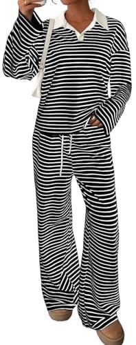 Sweetmoon 2 Piece Lounge Sets for Women Tall Oversized Sweatshirt Wide Leg Matching Pajamas Set Airport Travel Outfit Women White Striped M