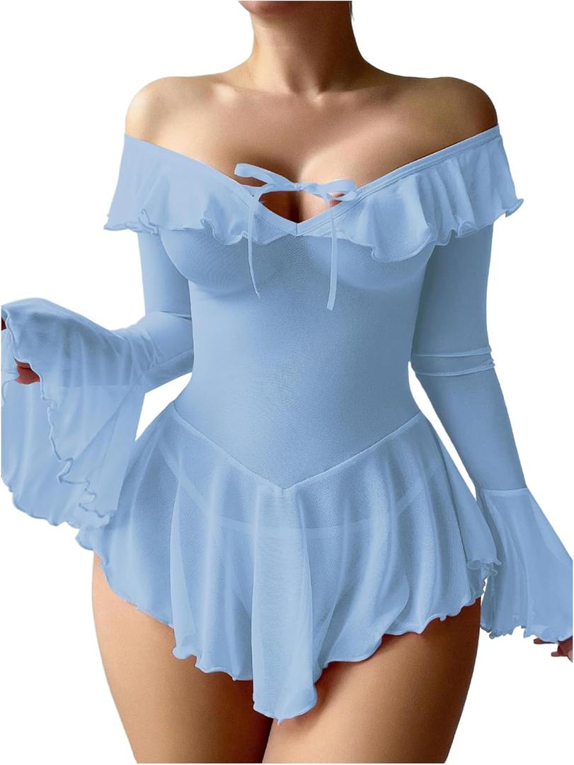 OYOANGLE Women's 2 Piece Off Shoulder Long Sleeve Ruffle Mesh Sheer Nightgowns with Thongs Babydoll Lingerie Set (Large, Light Blue)