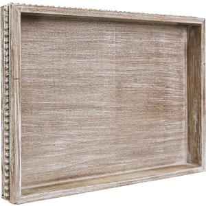 MAONAME Wood Serving Tray, Farmhouse Wooden Tray for Coffee Table, Rustic Rectangle Trays with Beads, Washed White Decorative Trays for Living Room, Kitchen, 15.7" X 11.8" X 1.57"