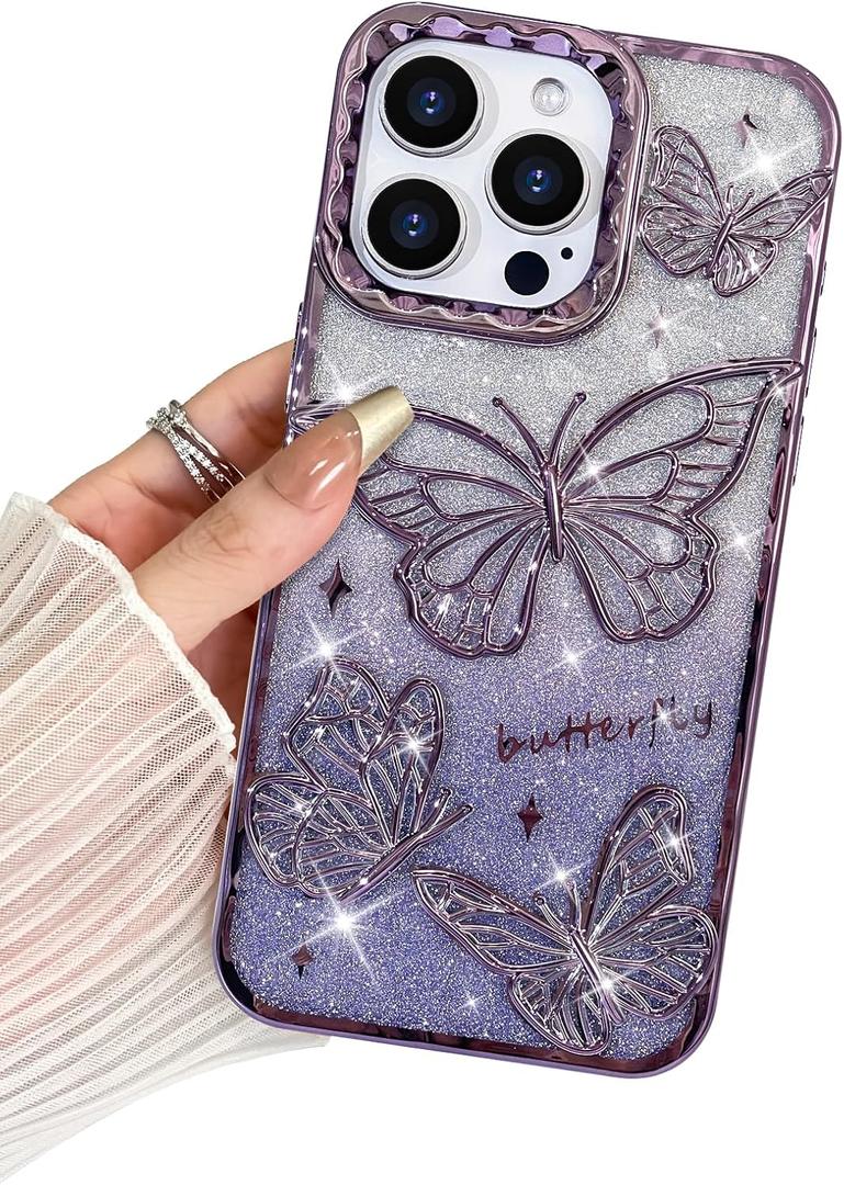 BITOBE Designed for iPhone 12 Pro Max, Cute 3D Butterfly Case Slim Plating Glitter Bling Luxury Cover for Women Girls Protective Camera Protection Bumper 6.7" Purple