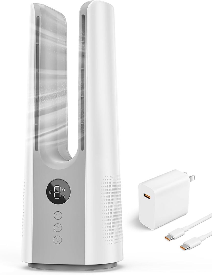 Desk Fan, 13 Inch Portable Bladeless Fan, Small Quiet Table Fan with 60Oscillating, 9 Speeds & 9H Timer, LED Display, Button Control, Easy to Clean, Personal Desktop Fan for Bedroom, Office (White+Gray)