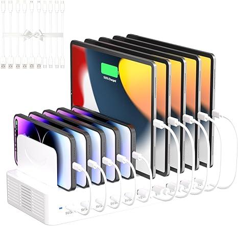100W Charging Station for Multiple Devices, 10-Port USB Fast Charging Station with Adjustable Dividers & 10 Cables- Multi Device Organizer Charging Dock for iPhone, iPad, Tablets & More(White)