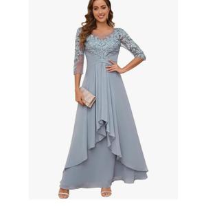 Mother of The Bride Dresses with Sleeves Long Chiffon Lace Appliques Formal Evening Dresses for Wedding, L/XL, Charcoal Gray 