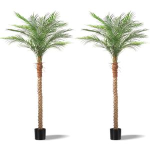 Artificial Phoenix Palm Tree 7ft Tall 2 Set  Large Fake Palm Tree with 15 Adjustable Leaves, Outdoor Indoor Faux Sago Palm Plant for Living Room Patio Poolside Yard Decor