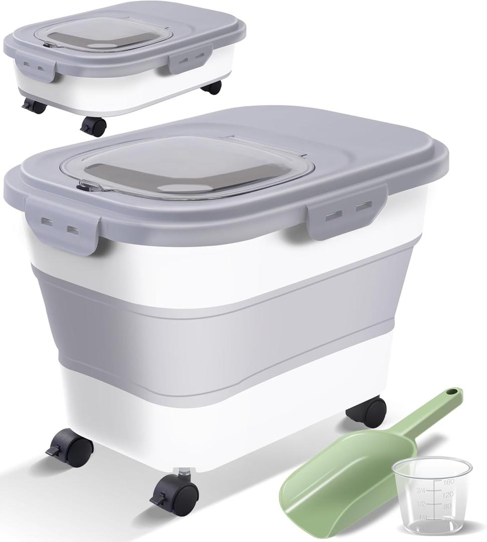 Collapsible Dog Food Storage Container, Airtight 30 35 Lbs Rice Cereal Flour Sugar Containers, Sealable Plastic 20 25 Pound Dog Pet Cat Bird Seed Kitchen Pantry Holder Bin Bucket with Rolling Wheel (White)