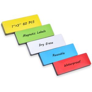 Realth Dry Erase Magnetic Labels Multicolor (1'' 3'' 60 Pcs),Blank Magnets for Whiteboard, Washable Reusable Magnetic Sheets for Classroom Fridge Office, Name Tags for Teachers Students
