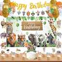 Roetyce Safari Animals Birthday Party Decorations, Jungle Wild Animals Happy Birthday Banner Balloons Hanging Swirls Cake Topper Kit, Safari Themed Birthday for Kids Photo Background Backdrop