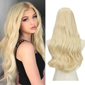 SARLA Clip in U Part Hair Extensions Synthetic Long Wavy Curly Thick Full Head Hairpiece for Women Beach Blonde 24 Inch