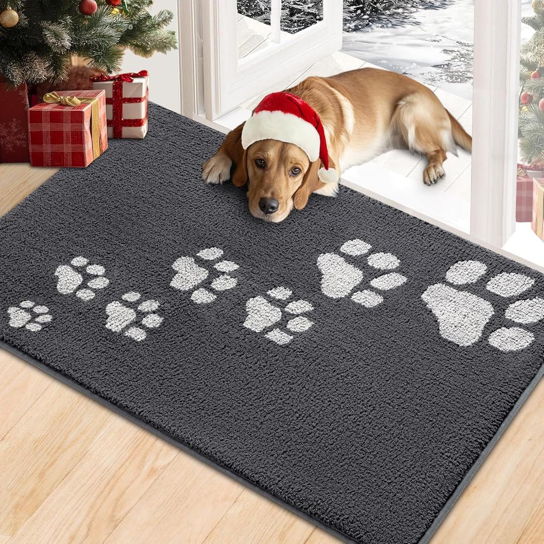 Timo Dog Door Mat for Muddy Paws, 32"x40" Super Absorbent Dog Mats for Indoor Outdoor, Low-Profile Washable Entryway Rug, Non-Slip Rubber Backing Front Door Mat, Grey