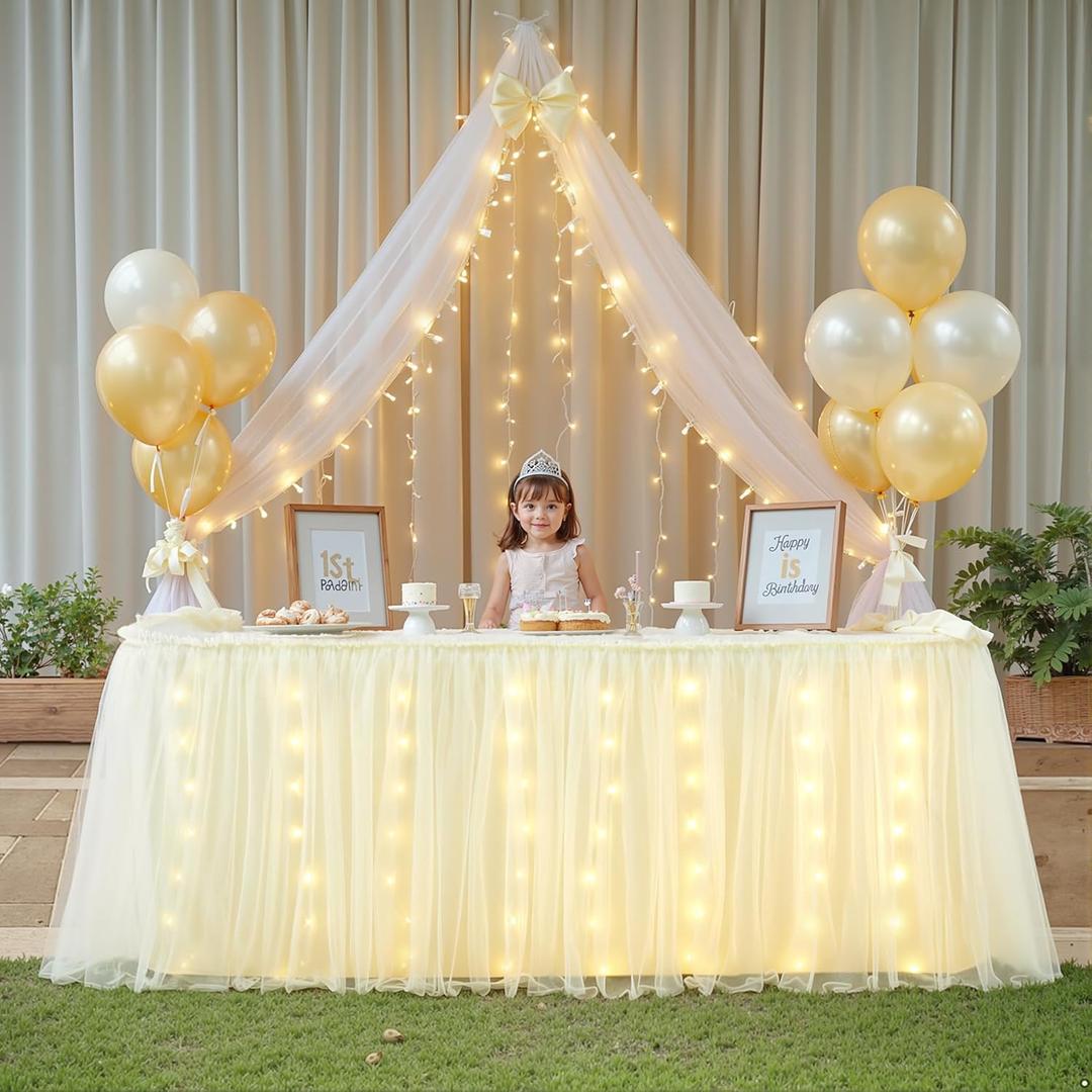 9FT Champagne Tulle Table Skirt with LED Lights 2-Layer Ruffle Tulle Tutu Cloth Desk Table Skirt for Birthday Party Baby Shower Wedding Banquet Cake Dessert Decorations