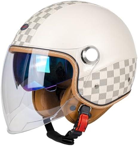 QUICKOOL Dual Visor 3/4 Open Face Motorcycle Helmet for Men & Women, DOT Approved Unisex Retro Half Helmet，Motorbike Casco for Moped Cruiser Bobber and Chopper (Long Outer Shield,M)