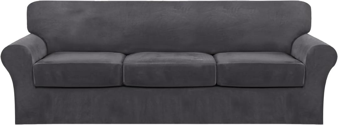FantasDecor 4 Piece Sofa Velvet Couch Covers for 3 Cushion Stretch Slipcover with Individual Seat Cushion Elastic Furniture Protector for Pets, Machine Washable (Large Sofa, Gray)