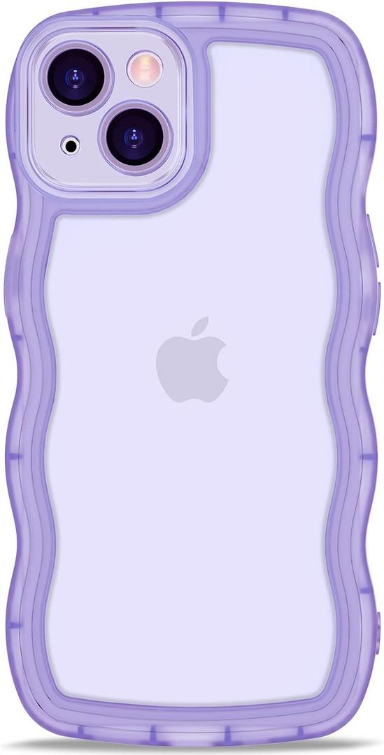 Anuck for iPhone 14 Case Wavy Edge Clear Back Design, Anti-Slip Grip Cute Wave Curly Frame Shape Shockproof Soft TPU & Hard Bumper Protective Phone Case Cover for Women Girls, Clear Purple