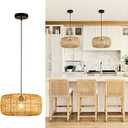 Bamboo Pendant Light, Hand-Woven Wicker Bamboo Chandelier for Dining Room Island Table, Restaurant, Living Room, Bedroom, Farmhouse, Woven Lamp 15.7" (LB-012)