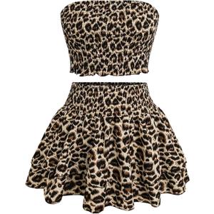 MakeMeChic Women's Plus Size 2 Piece Y2k Outfit Leopard Print Strapless Shirred Tube Crop Tops and Skirt Set (3X-Large Plus, Brown)