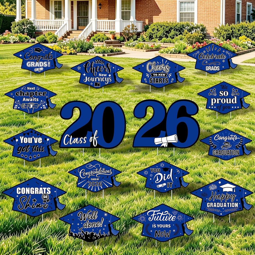 16 Pieces 2026 Graduation Yard Signs Plastic Congrats Grad Decor with 32 Stake and Ribbon Graduate Cap Hanging Yard Sign for Party Outdoor Lawn Pathway Walkway Decorations(Blue and Black)