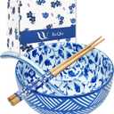 Japanese 28 Oz Ceramic Ramen Noodle Soup Cereal Pho Rice Salad Bowl Set with Chopsticks, Premium Gift Set for House Warming, Birthday, Holiday, Microwave Safe, Dishwasher Safe