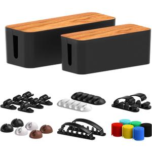 Cable Management Box 2 Pack with 16 Cable Clips Set-Large & Medium & Small Wooden Style Cable Organizer Box to Hide Wires&Power Strips, Cord Organizer Box, Cable Organizer for Home & Office [Black]