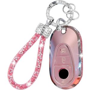 Generic Key Fob Cover for Mercedes Benz 2021-2025 E/C/S-Class EQE/EQS/GLC/Maybach 300/350/400/450/500/560/600/680/63/53 Key fob Cover with Metal Keychain Case Key Shell Protector Accessorie (Pink)