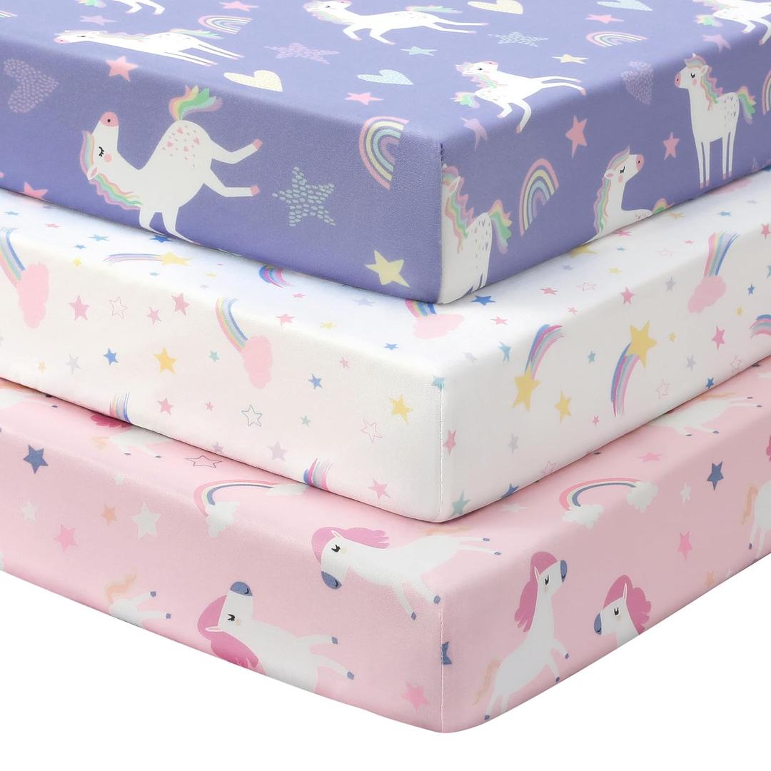 Baby Mini Crib Sheets Girl, Portable 38x26 Pack and Play Sheets Fitted for Playard and Pack N Play Mattress, 3-Pack Soft Microfiber Pink Purple Rainbow