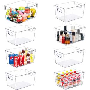Set of 8 pack Clear Plastic Storage Bins, Pantry Organization and Storage, Clear Organizing Bins for Kitchen Organization, Freeze Storage, Home Edit and Cabinet Organizers (8Large)