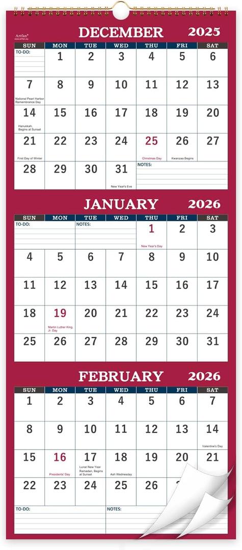 2 x 2026 Calendar - 2026 Wall Calendar, 3 Month Calendar Display 2026 (Folded in a Month), Jan.2026 - Dec.2026, 11" x 26", 3 Month Wall Calendar 2026 - Red