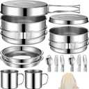 14 Piece Camp Cooking Set, Stainless Steel Camping Cookware with Pot and Pan Kit 2 Set Stainless Steel Cups Plates Forks Knives Spoons for Camping, Backpacking, Outdoor Cooking and Picnic