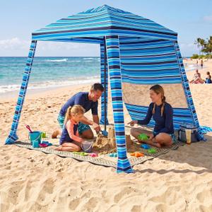 HOMEDEMO 6'6' Beach Cabana, Beach Canopy Tent Easy Set up and Take Down with Sand Pockets, Big Sandy Anchor, Elongated Side Wall Cabanas for Sand, Blue Stripe, 6x6 feet