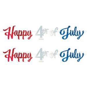 Beistle Foil Happy 4th of July Streamers 2 Count, Patriotic Independence Day Red Silver Blue Party Decorations with White Ribbon, USA American Holiday Party Supplies for July 4th, 10 x 5