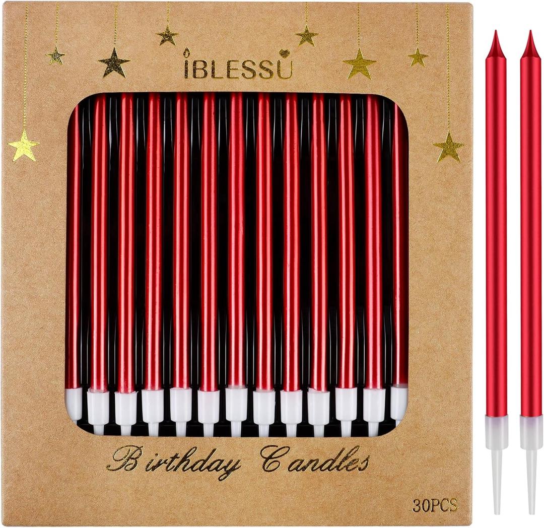 30 PCS Red Long Birthday Candles, Thin Metallic Cake Candles, Tall Glitter Cuppcake Candles in Holders for Birthday Wedding Party Decorations