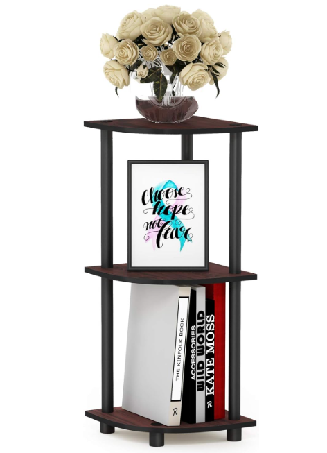 Furinno TURNNTUBE Corner Shelf, 3Tier Corner Bookshelf, Display Storage Shelves with Open Shelves, for Organization and Storage, Living Room, Home Office, Garage, Dark Cherry