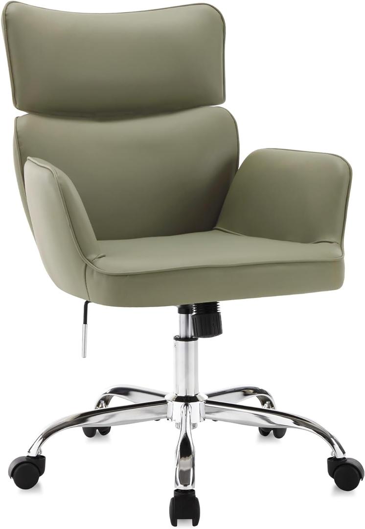 Home Office Chair with Wheels, Adjustable Height Swivel Mid-Back Armchair Task Chair, Modern PU Leather Ergonomic Tilt Computer Desk Vanity Chair for Office, Study Room(PU Green) (04green)
