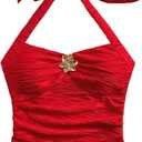 SOLY HUX Women's V Neck Halter Tops Open Back Y2k Ruched Floral Metal Summer Going Out Cami Tops, Small