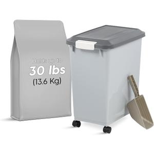 IRIS USA Dog Food Storage Container with Wheels, Airtight Lid, 2-Cup Scoop, Up to 30 Pounds Pet Food Storage, Built in Scoop Storage in Lid, Versatile Pet Food Bin, Portable, BPA Free, Gray/Dark Gray