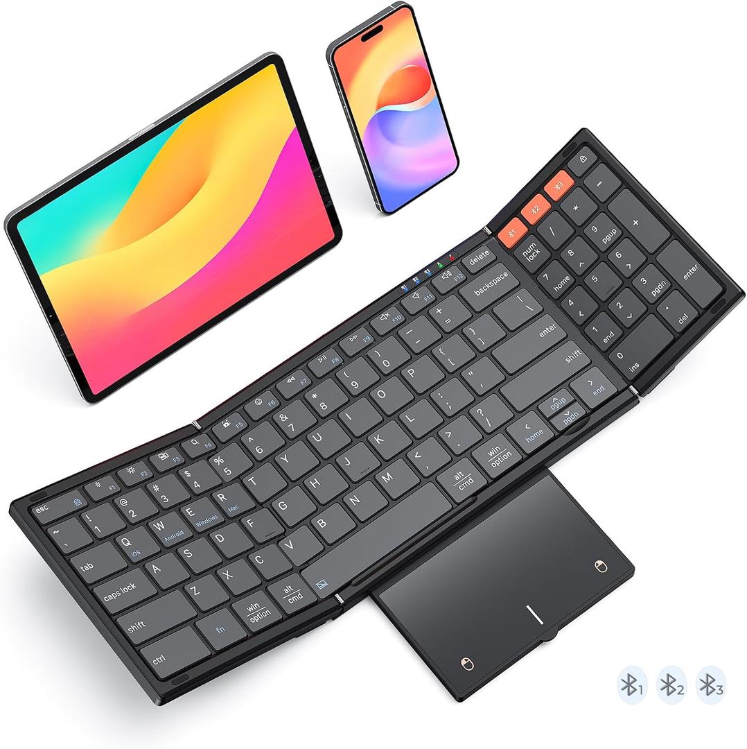 MEETION Foldable Bluetooth Keyboard with Touchpad, 3-Device Portable Wireless Keyboard with Numeric Keypad, Full-Size Rechargeable Business Travel for iPad Phone Laptop PC iOS Android Windows Mac