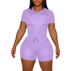 LovelyWholesale Women's Summer 2 Piece Outfits Skinny Shorts Tracksuit Sets (X-Large, Purple)