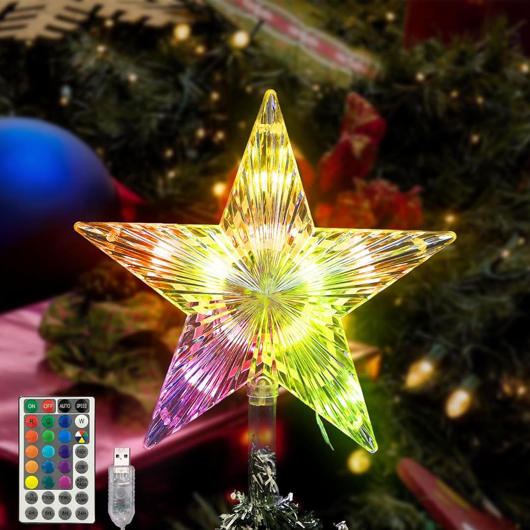 Christmas Tree Topper Star, 9.5 Inches Multi-Color LED Lighted Christmas Treetop Decorations with Remote, USB Powered for Xmas Holiday Party Decor Gift for Indoor/Outdoor