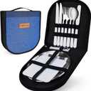 Camping Mess Kit,12 Piece Silverware Kit Cutlery Organizer Utensil Picnic Set, Stainless Steel Plate Spoon Fork Serrated & Butter Knife Wine Opener NapkinCamp Kitchen & Hiking