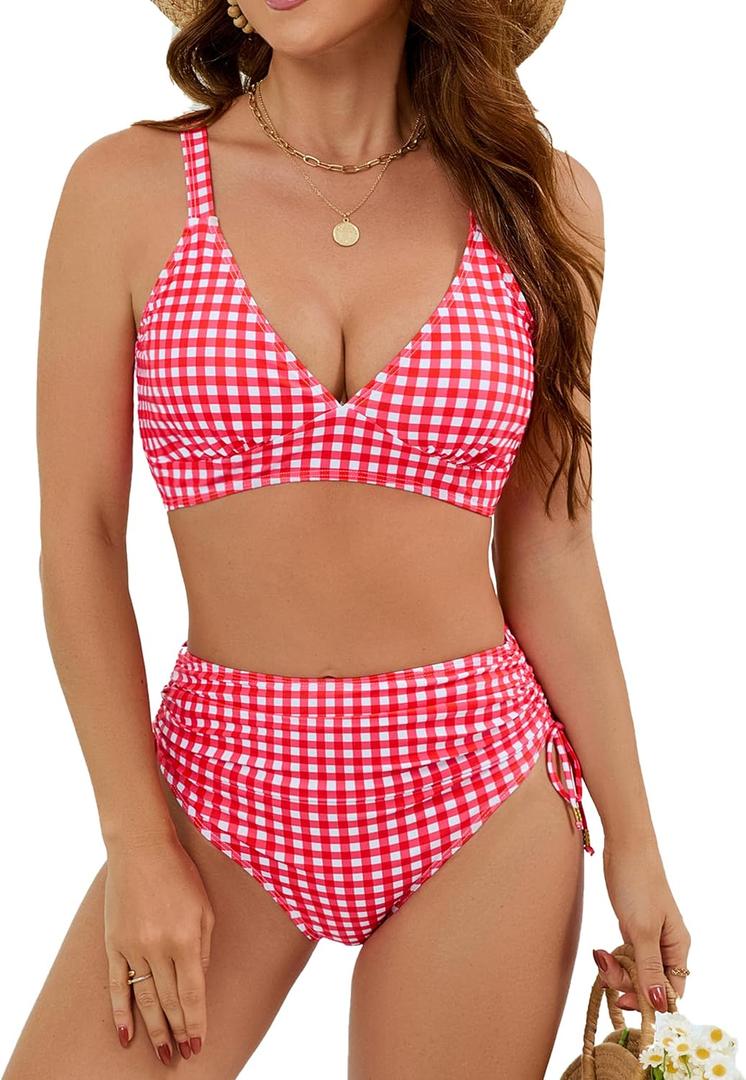 Edelqual Women High Waisted Bikini Sets Tummy Control Swimsuits Two Piece Bathing Suit 2025 Full Coverage Swimwear (Red, L)
