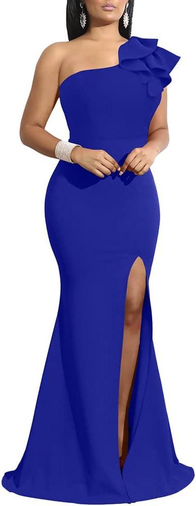 YMDUCH Women's Sexy Sleeveless One Shoulder Ruffle High Split Party Evening Long Formal Dress (Medium, Royal Blue)