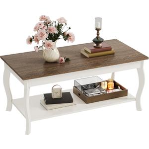 ChooChoo Coffee Table, Rustic Center Table with Curved Legs and Storage Shelf, 39" Coffee Table for Living Room, Soft White