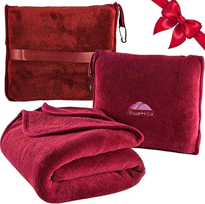 soft Travel Blanket Pillow Airplane Blanket Packed in Soft Bag Pillowcase with Hand Luggage Belt and Backpack Clip Compact Large Long Flights Traveler Essentials Lightweight Red T001