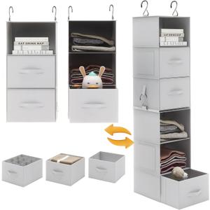Twira 6-Shelf Hanging Closet Organizer, 2 Separable 3-Shelf Hanging Shelves, Hanging Storage with 3 Removanle Drawers 4 Side Pockets for Wardrobe, Nursery, Drom, Baby Clothes Organization Light Grey