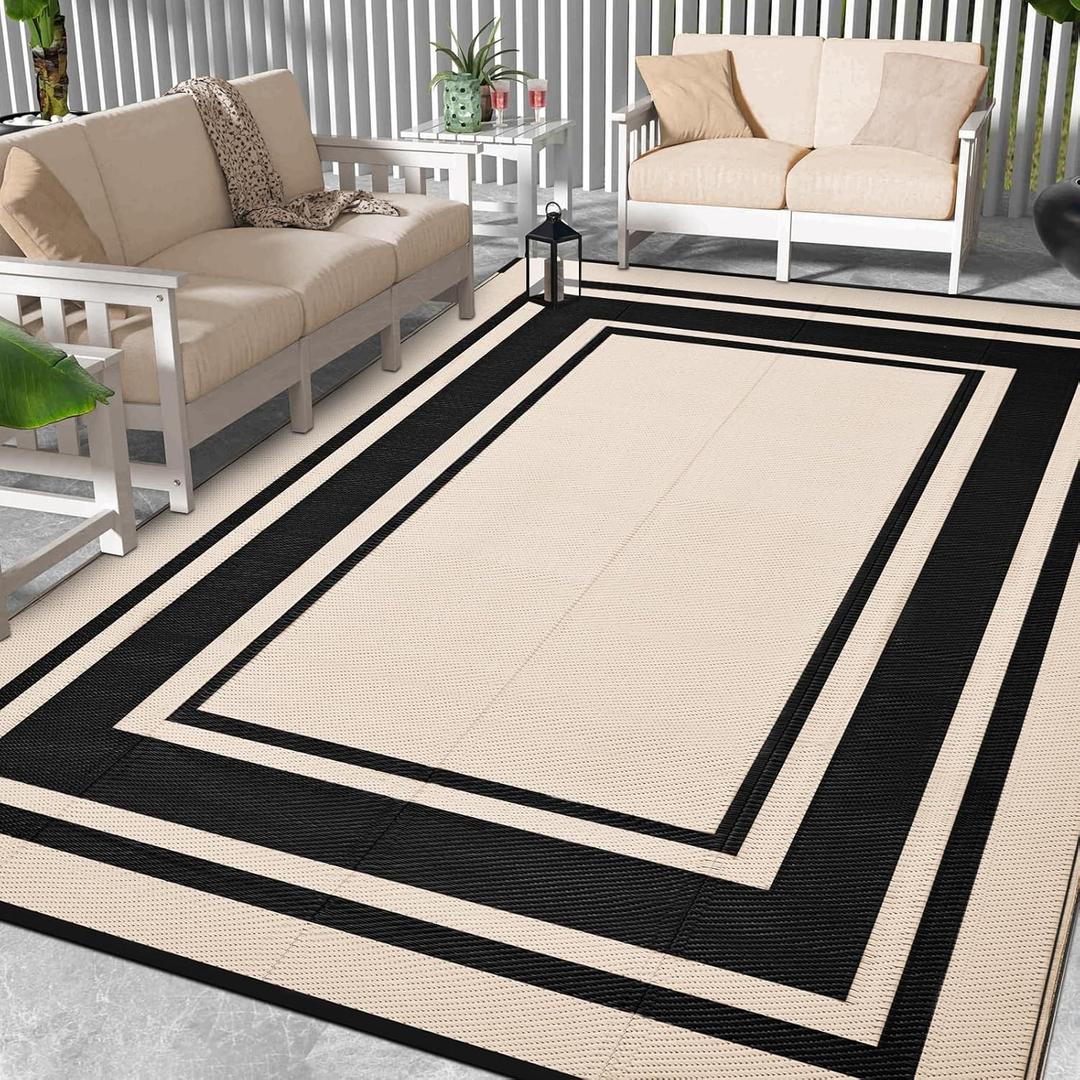 Outdoor Rug 5x8 Ft Waterproof Plastic Straw Rugs for Patio,RV,Beach,Camping, Backyard,Porch, Picnic, Black&Beige