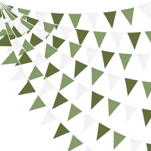 32Ft Olive Green Party Decorations Sage Green Triangle Flag Fabric Banner Pennant Garland Streamers for Birthday Wedding Woodland Baby Shower Jungle Safari Summer Golf Outdoor Party Decor