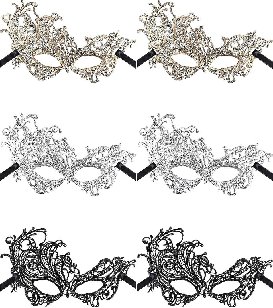 JOVITEC 6 Pieces Masquerade Mask for Women Lace Multicolored Venetian Mask for Carnival Mardi Gras Evening Prom (3 Colors)