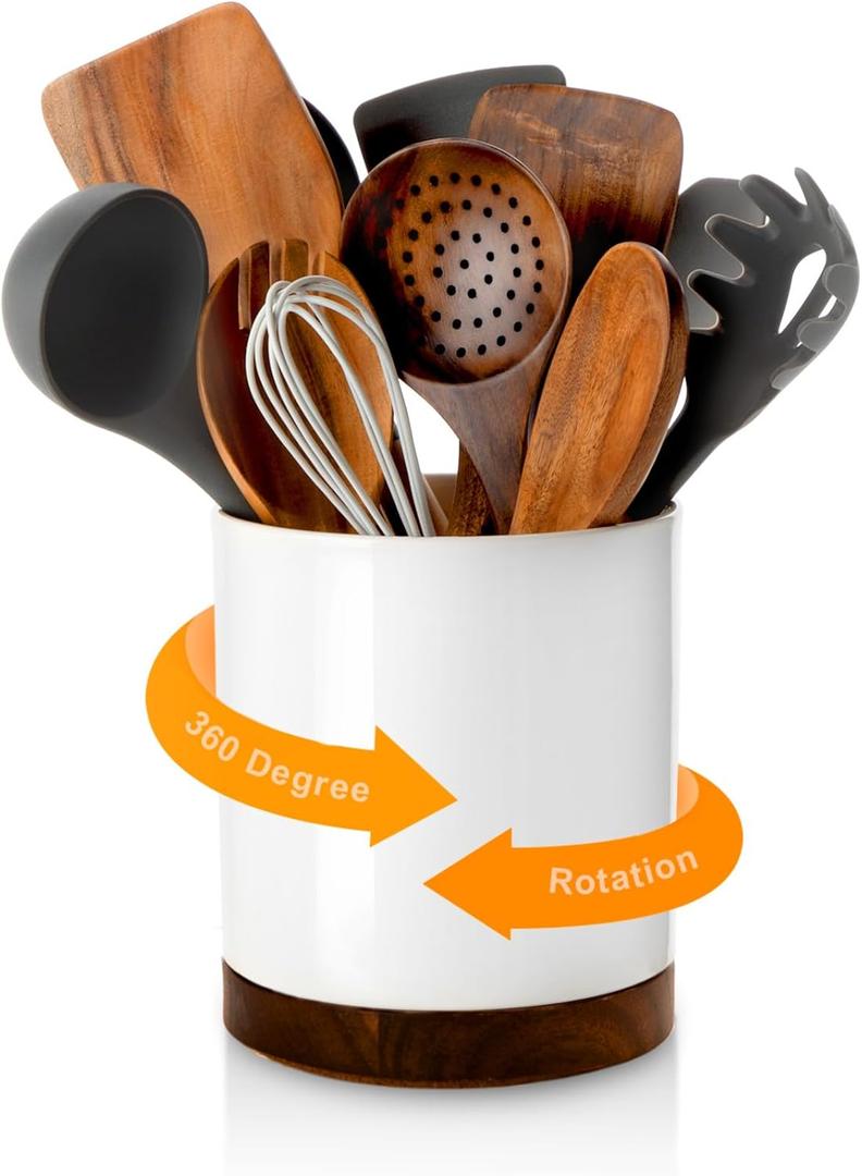Nucookery 360 Rotating Utensil Holder, 7.2" Large Utensil Crock, White Ceramic Cooking Utensil Organizer with Countertop-Protection Cork Bottom for Farmhouse Kitchen Decor Christmas Gift (White)