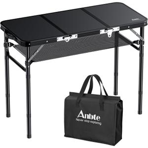 Anbte Folding Camping Table with Storage Net, 3ft Camping Table Aluminum Folding Table with 3 Adjustable Height Max 27.5 Inch Picnic Table Portable Table for Outdoor Backyard BBQ, Pure Black