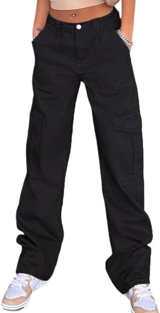 WZIKAI Cargo Pants for Women High Waisted Casual Pants Baggy Wide Leg Trousers Y2K Streetwear with 6 Pockets (X-Large, Black)
